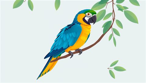 Minimal flat illustration of A vibrant tropical macaw with bright blue and yellow feathers perched gracefully on a tree branch., centered subject with a simple uncluttered composition, soft pastel colors, bright and cozy, 16:9 aspect ratio