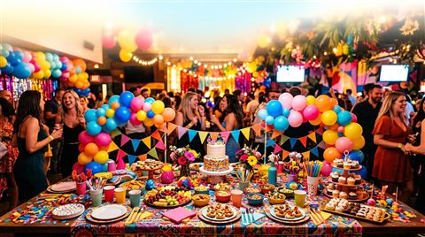 Photorealistic photo of a party table with decorations, wide shot with open space at the top for text, vivid colors, high contrast, energetic, 16:9 aspect ratio