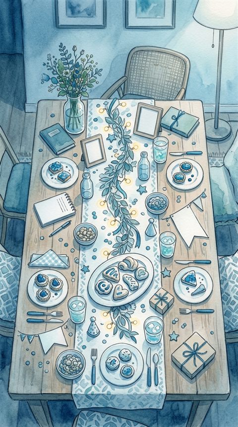 장식이 놓인 파티 테이블, 수채화 일러스트, 위에서 내려다본 구도, 차가운 푸른 톤, 고요한 분위기, 9:16 비율
