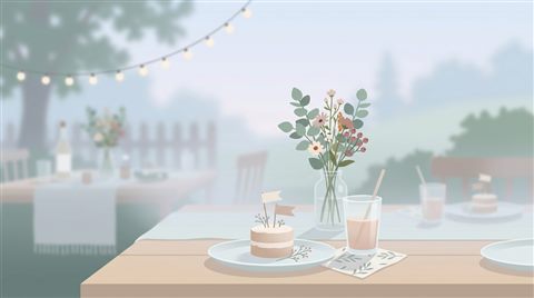 장식이 놓인 파티 테이블, 미니멀 플랫 일러스트, 가까이 담은 디테일, 얕은 심도, 아침 안개, 몽환적인 분위기, 16:9 비율