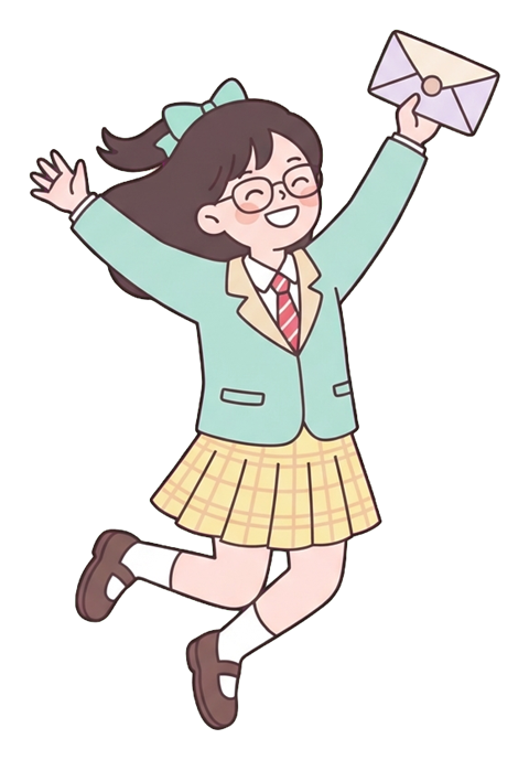 Simple cute flat cartoon illustration with soft pastel colors and thin clean dark outlines of a high school girl, student jumping with joy holding an acceptance letter, transparent background PNG