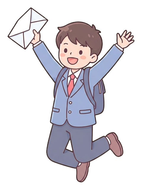 Simple cute flat cartoon illustration with soft pastel colors and thin clean dark outlines of a high school boy, student jumping with joy holding an acceptance letter, transparent background PNG