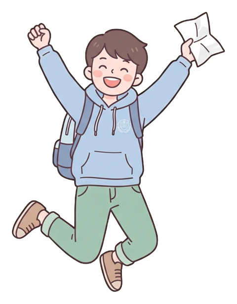 Simple cute flat cartoon illustration with soft pastel colors and thin clean dark outlines of a university student man, student jumping with joy holding an acceptance letter, transparent background PNG