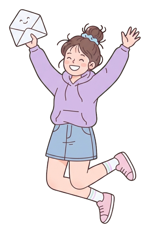 Simple cute flat cartoon illustration with soft pastel colors and thin clean dark outlines of a university student woman, student jumping with joy holding an acceptance letter, transparent background PNG