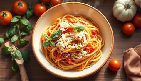 Minimal flat illustration of A steaming ceramic bowl of freshly made tomato basil pasta garnished with grated parmesan cheese and fresh herbs., high-angle view from above, soft pastel colors, bright and cozy, 16:9 aspect ratio