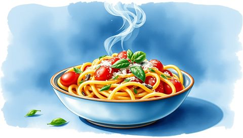 Watercolor illustration of A steaming ceramic bowl of freshly made tomato basil pasta garnished with grated parmesan cheese and fresh herbs., centered subject with a simple uncluttered composition, cool blue tones, quiet atmosphere, 16:9 aspect ratio