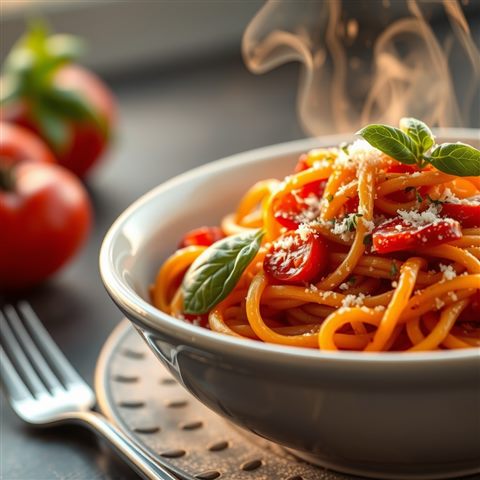 Photorealistic photo of A steaming ceramic bowl of freshly made tomato basil pasta garnished with grated parmesan cheese and fresh herbs., close-up detail with shallow depth of field, warm golden light, calm mood, 1:1 aspect ratio