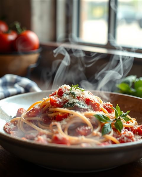 Cinematic film still of A steaming ceramic bowl of freshly made tomato basil pasta garnished with grated parmesan cheese and fresh herbs., wide shot with open space at the top for text, vivid colors, high contrast, energetic, 4:5 aspect ratio