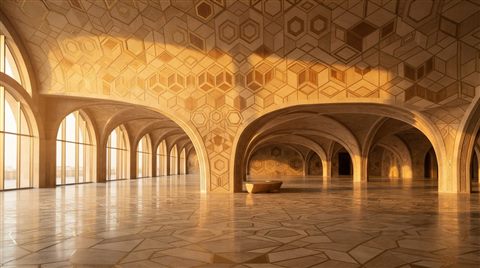 Photorealistic photo of seamless geometric pattern, wide shot with open space at the top for text, warm golden light, calm mood, 16:9 aspect ratio