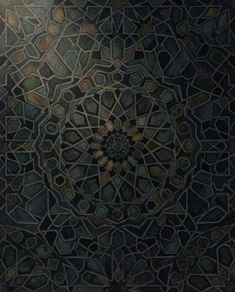 Watercolor illustration of seamless geometric pattern, centered subject with a simple uncluttered composition, moody dark tones, dramatic lighting, 4:5 aspect ratio