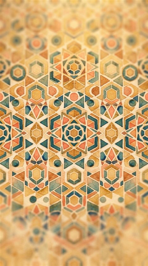 Watercolor illustration of seamless geometric pattern, close-up detail with shallow depth of field, warm golden light, calm mood, 9:16 aspect ratio