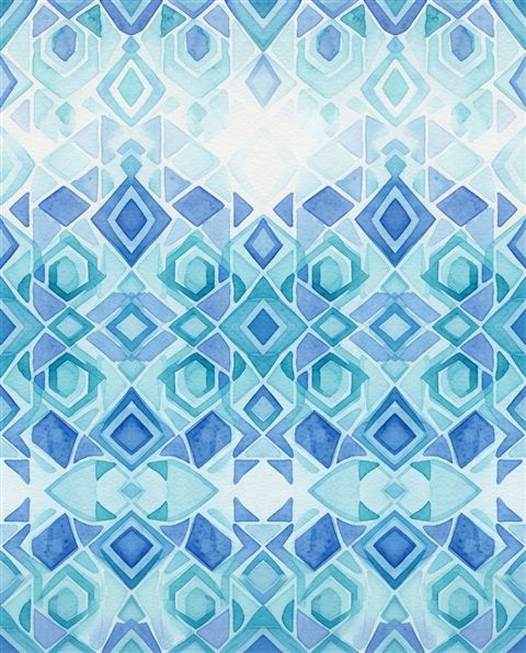 Watercolor illustration of seamless geometric pattern, wide shot with open space at the top for text, cool blue tones, quiet atmosphere, 4:5 aspect ratio