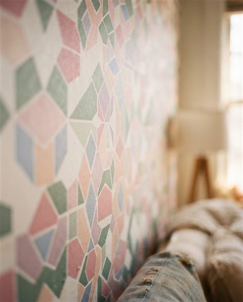 Cinematic film still of seamless geometric pattern, close-up detail with shallow depth of field, soft pastel colors, bright and cozy, 4:5 aspect ratio