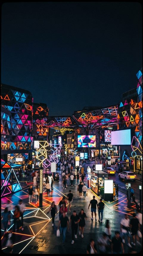 Cinematic film still of seamless geometric pattern, wide shot with open space at the top for text, vivid colors, high contrast, energetic, 9:16 aspect ratio