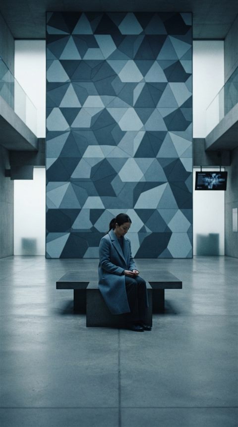 Cinematic film still of seamless geometric pattern, centered subject with a simple uncluttered composition, cool blue tones, quiet atmosphere, 9:16 aspect ratio