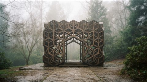Photorealistic photo of seamless geometric pattern, centered subject with a simple uncluttered composition, misty morning haze, dreamy, 16:9 aspect ratio