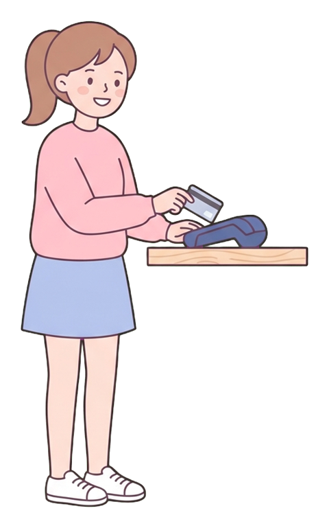 Simple cute flat cartoon illustration with soft pastel colors and thin clean dark outlines of a young woman, person paying with a credit card at a counter, transparent background PNG