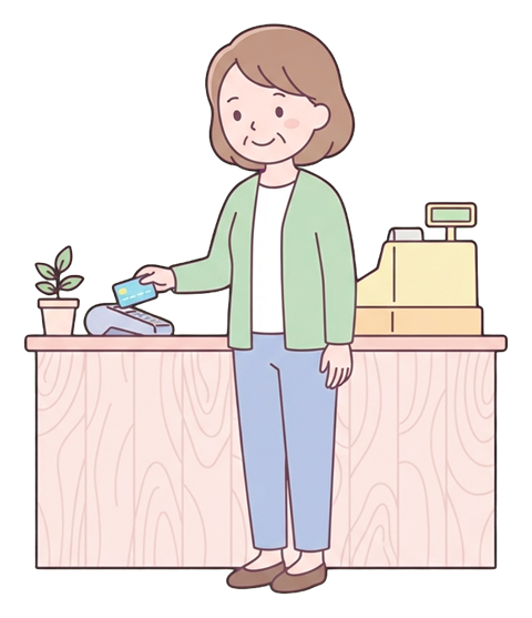 Simple cute flat cartoon illustration with soft pastel colors and thin clean dark outlines of a middle-aged woman, person paying with a credit card at a counter, transparent background PNG
