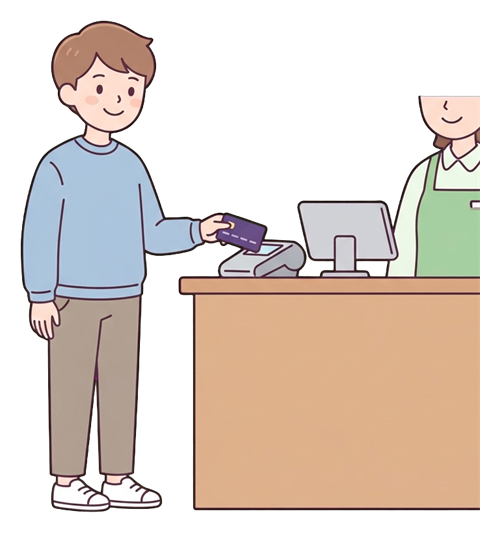 Simple cute flat cartoon illustration with soft pastel colors and thin clean dark outlines of a young man, person paying with a credit card at a counter, transparent background PNG