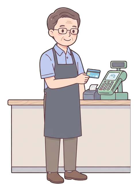 Simple cute flat cartoon illustration with soft pastel colors and thin clean dark outlines of a middle-aged man, person paying with a credit card at a counter, transparent background PNG