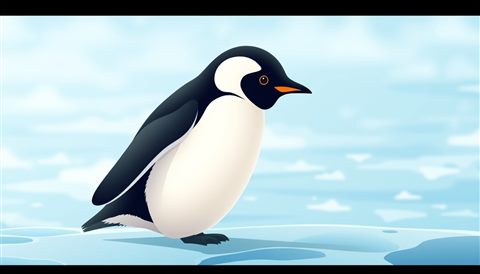 Minimal flat illustration of A cute black and white penguin standing gracefully on a sheet of blue glacial ice, close-up detail with shallow depth of field, soft pastel colors, bright and cozy, 16:9 aspect ratio