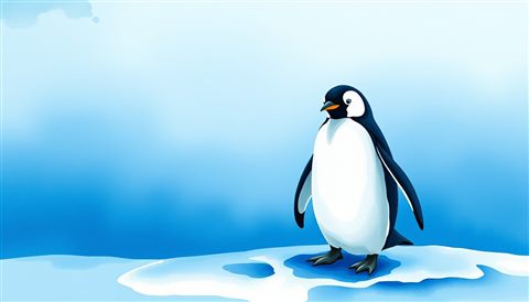 Watercolor illustration of A cute black and white penguin standing gracefully on a sheet of blue glacial ice, wide shot with open space at the top for text, cool blue tones, quiet atmosphere, 16:9 aspect ratio