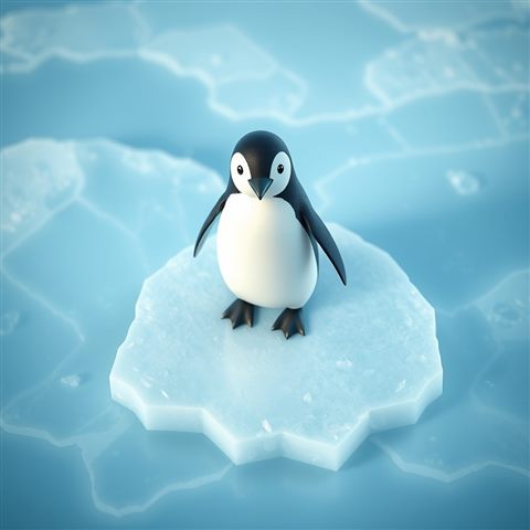 Soft 3D render of A cute black and white penguin standing gracefully on a sheet of blue glacial ice, high-angle view from above, misty morning haze, dreamy, 1:1 aspect ratio