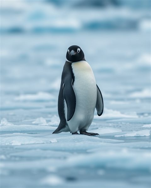 Cinematic film still of A cute black and white penguin standing gracefully on a sheet of blue glacial ice, centered subject with a simple uncluttered composition, vivid colors, high contrast, energetic, 4:5 aspect ratio