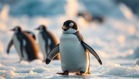Photorealistic photo of A cute black and white penguin standing gracefully on a sheet of blue glacial ice, close-up detail with shallow depth of field, warm golden light, calm mood, 16:9 aspect ratio