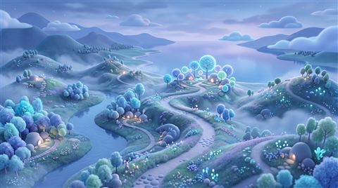 Soft 3d render of aesthetic dreamy scenery for a phone lock screen, high-angle view from above, cool blue tones, quiet atmosphere, 16:9 aspect ratio