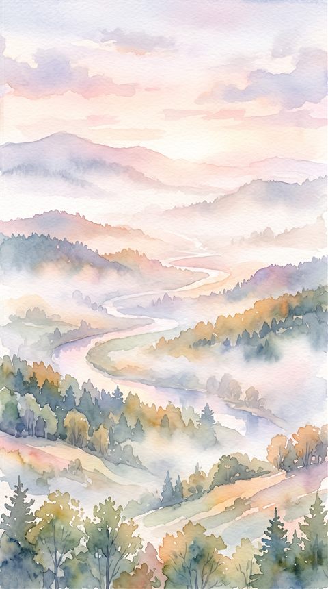 Watercolor illustration of aesthetic dreamy scenery for a phone lock screen, high-angle view from above, misty morning haze, dreamy, 9:16 aspect ratio