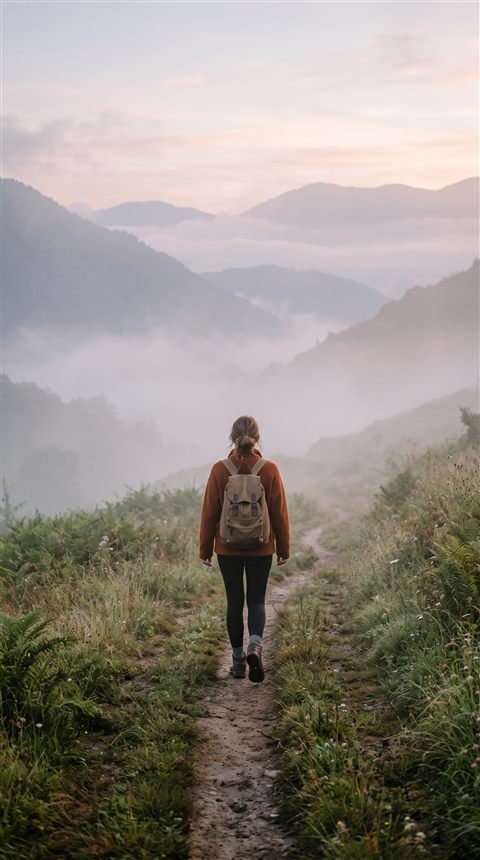 Photorealistic photo of aesthetic dreamy scenery for a phone lock screen, centered subject with a simple uncluttered composition, misty morning haze, dreamy, 9:16 aspect ratio