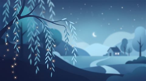 Minimal flat illustration of aesthetic dreamy scenery for a phone lock screen, close-up detail with shallow depth of field, cool blue tones, quiet atmosphere, 16:9 aspect ratio