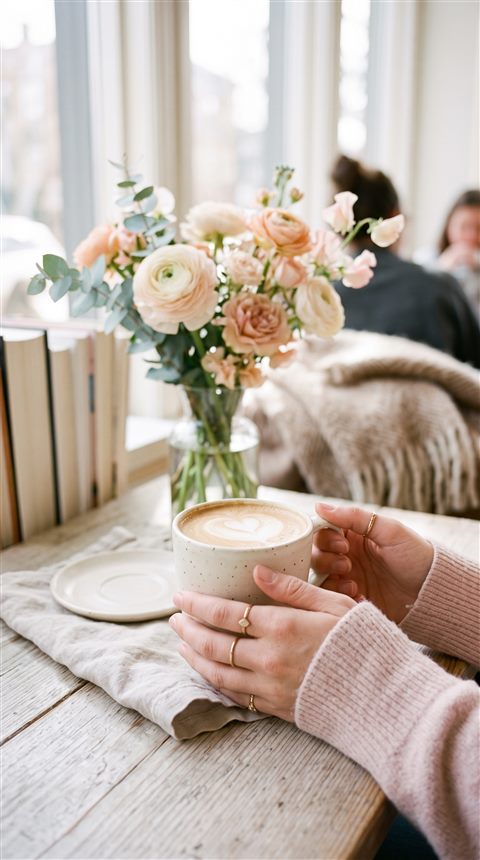 Cinematic film still of aesthetic dreamy scenery for a phone lock screen, close-up detail with shallow depth of field, soft pastel colors, bright and cozy, 9:16 aspect ratio
