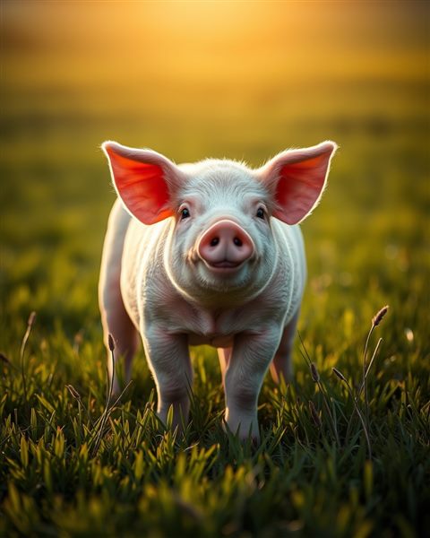 Photorealistic photo of A cute pink pig standing in a clean green meadow under warm sunlight, centered subject with a simple uncluttered composition, moody dark tones, dramatic lighting, 4:5 aspect ratio