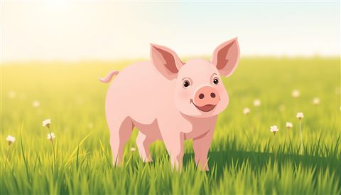 Minimal flat illustration of A cute pink pig standing in a clean green meadow under warm sunlight, close-up detail with shallow depth of field, soft pastel colors, bright and cozy, 16:9 aspect ratio
