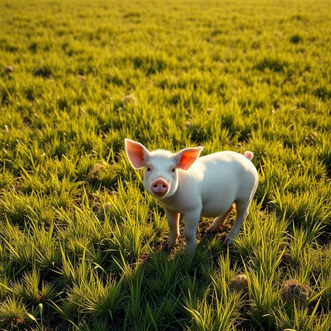 Photorealistic photo of A cute pink pig standing in a clean green meadow under warm sunlight, high-angle view from above, warm golden light, calm mood, 1:1 aspect ratio