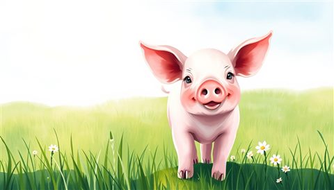 Watercolor illustration of A cute pink pig standing in a clean green meadow under warm sunlight, wide shot with open space at the top for text, cool blue tones, quiet atmosphere, 16:9 aspect ratio