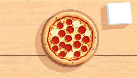 Minimal flat illustration of A freshly baked pepperoni pizza with melted cheese and a crispy crust on a wooden table., high-angle view from above, soft pastel colors, bright and cozy, 16:9 aspect ratio