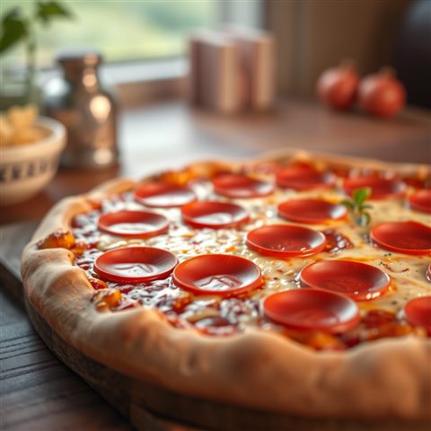 Soft 3D render of A freshly baked pepperoni pizza with melted cheese and a crispy crust on a wooden table., close-up detail with shallow depth of field, misty morning haze, dreamy, 1:1 aspect ratio