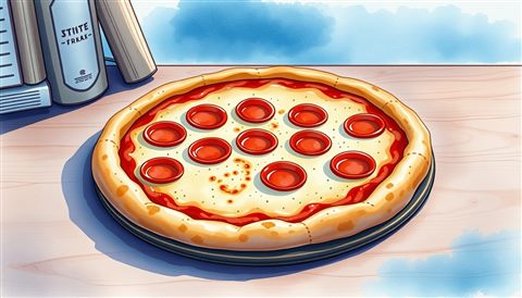 Watercolor illustration of A freshly baked pepperoni pizza with melted cheese and a crispy crust on a wooden table., centered subject with a simple uncluttered composition, cool blue tones, quiet atmosphere, 16:9 aspect ratio