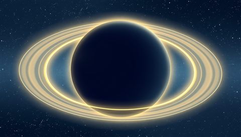 Minimal flat illustration of A majestic gas giant planet with glowing rings floating in the deep starry cosmos, close-up detail with shallow depth of field, soft pastel colors, bright and cozy, 16:9 aspect ratio