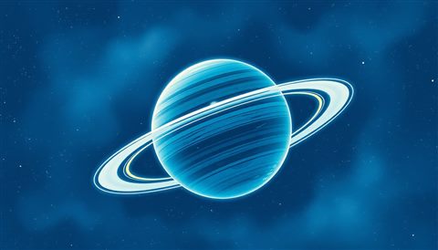 Watercolor illustration of A majestic gas giant planet with glowing rings floating in the deep starry cosmos, wide shot with open space at the top for text, cool blue tones, quiet atmosphere, 16:9 aspect ratio