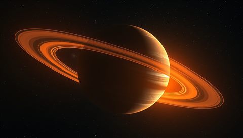 Photorealistic photo of A majestic gas giant planet with glowing rings floating in the deep starry cosmos, close-up detail with shallow depth of field, warm golden light, calm mood, 16:9 aspect ratio
