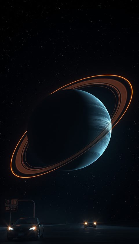 Photorealistic photo of A majestic gas giant planet with glowing rings floating in the deep starry cosmos, wide shot with open space at the top for text, moody dark tones, dramatic lighting, 9:16 aspect ratio