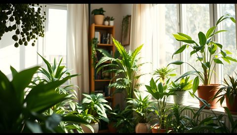 Cinematic film still of A bright living room corner filled with various potted green plants and natural sunlight, close-up detail with shallow depth of field, vivid colors, high contrast, energetic, 16:9 aspect ratio