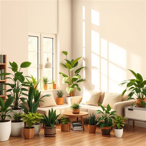 Photorealistic photo of A bright living room corner filled with various potted green plants and natural sunlight, wide shot with open space at the top for text, warm golden light, calm mood, 1:1 aspect ratio