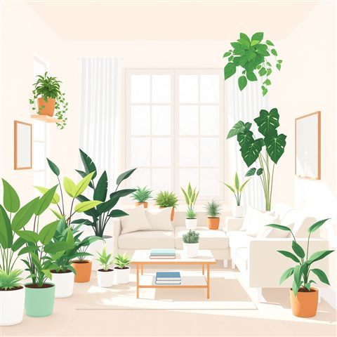Minimal flat illustration of A bright living room corner filled with various potted green plants and natural sunlight, wide shot with open space at the top for text, soft pastel colors, bright and cozy, 1:1 aspect ratio