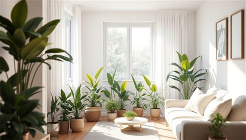 Soft 3D render of A bright living room corner filled with various potted green plants and natural sunlight, centered subject with a simple uncluttered composition, misty morning haze, dreamy, 16:9 aspect ratio