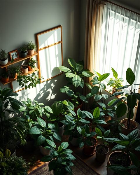 Photorealistic photo of A bright living room corner filled with various potted green plants and natural sunlight, high-angle view from above, moody dark tones, dramatic lighting, 4:5 aspect ratio